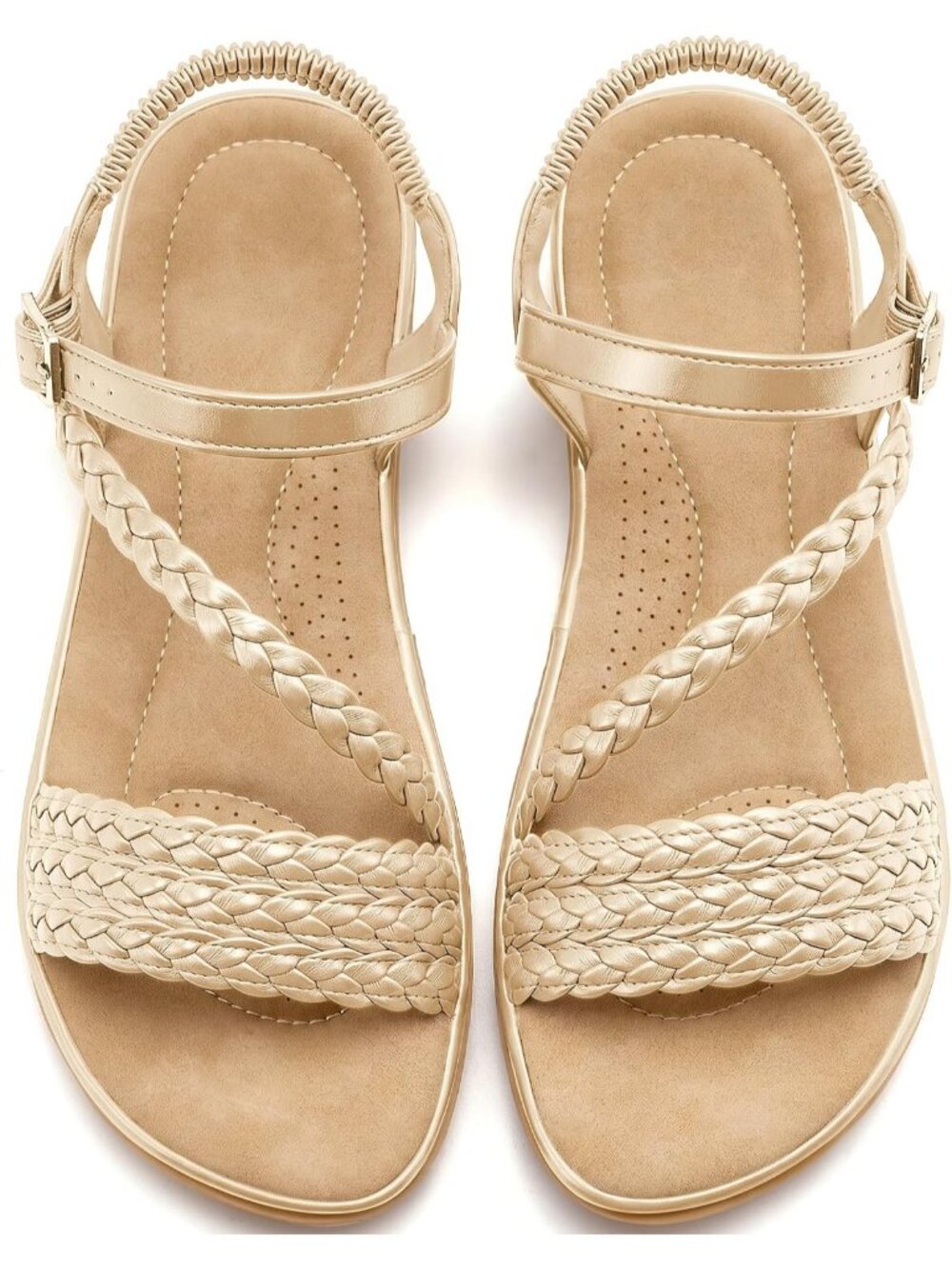 Women's Gold Braided Comfortable Elastic Ankle Strap Buckled Flat Sandals